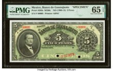 Mexico Banco de Guanajuato 5 Pesos ND (1900-14) Pick S289s M350s Specimen PMG Gem Uncirculated 65 EPQ. Two POCs are noted on this example. 

HID098012...