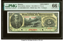 Mexico Banco Mercantil de Monterrey 5 Pesos ND (1906-11) Pick S352As M424s2 Specimen PMG Gem Uncirculated 66 EPQ. Two POCs are present on this example...