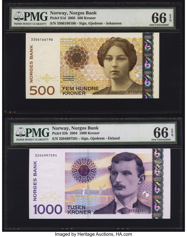 Norway Norges Bank 500; 1000 Kroner 2005; 2004 Pick 51d; 52b Two Examples PMG Ge...