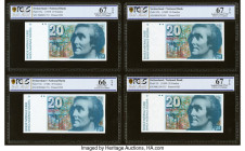 Switzerland National Bank 20 Franken (19)78; 82; 89; 90 Pick 55a; 55d; 55h; 55i Four Examples PCGS Gold Shield Superb Gem UNC 67 OPQ (3); Gem Unc 66 O...