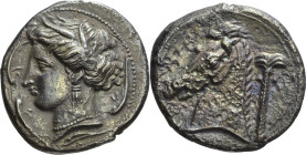 Sicily, Siculo-Punica



TETRADRAHMA

Issue: 320-300 BC, D/ Arethusa head left, around dolphins, R/ horse's head left, palm behind; Ref: Sng Dan...