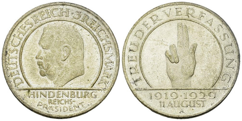 Weimarer Republik, AR 3 Reichsmark 1929 A, Schwurhand 

Deutschland, Weimarer ...