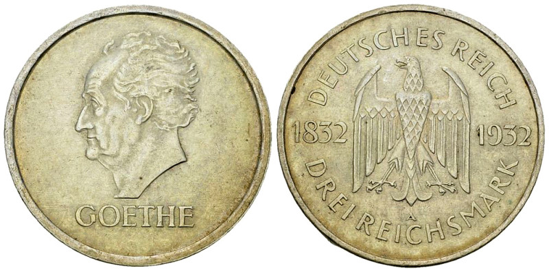 Weimarer Republik, AR 3 Reichsmark 1932 A, Goethe 

Deutschland, Weimarer Repu...