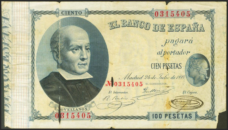 100 Pesetas. 24 de Julio de 1893. Sin serie. (Edifil 2021: 302, Pick: 44). Raro ...