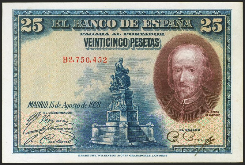 25 Pesetas. 15 de Agosto de 1928. Serie B. (Edifil 2021: 353). Apresto original....