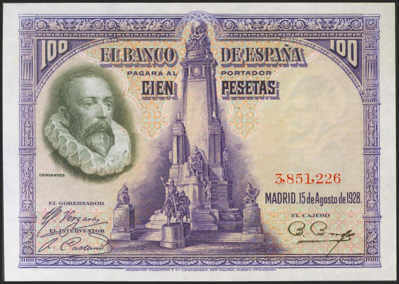 100 Pesetas. 15 de Agosto de 1928. Sin serie. (Edifil 2021: 355, Pick: 76a). Inu...