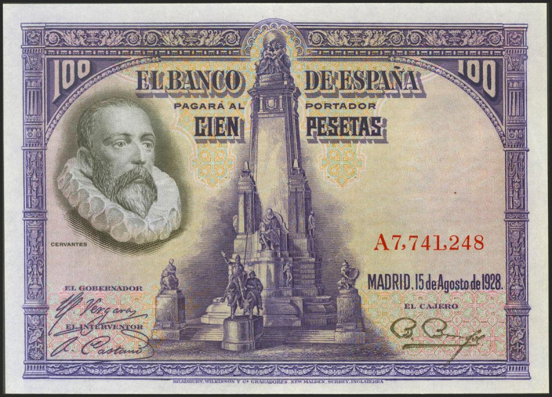 100 Pesetas. 15 de Agosto de 1928. Serie A. (Edifil 2021: 355a). Conserva gran p...