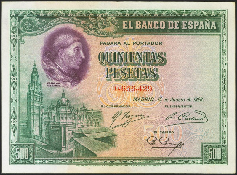 500 Pesetas. 15 de Agosto de 1928. Sin serie. (Edifil 2021: 356, Pick: 77a). Con...