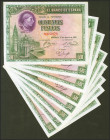 Conjunto de 8 billetes de 500 Pesetas emitidos el 15 de Agosto de 1928, sin serie y todos ellos con numeraciones bajas (Edifil 2021: 356), conserva gr...