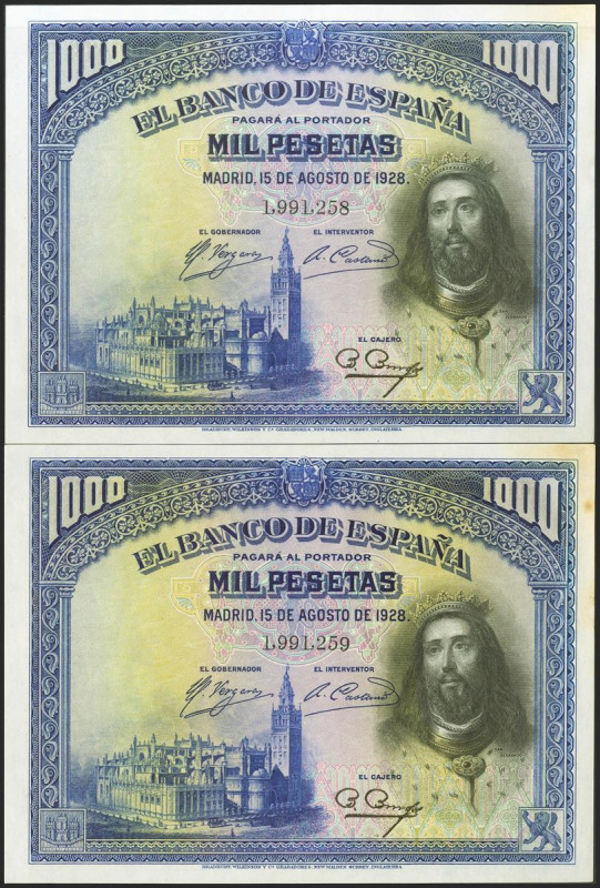 1000 Pesetas. 15 de Agosto de 1928. Pareja correlativa. Sin serie. (Edifil 2017:...