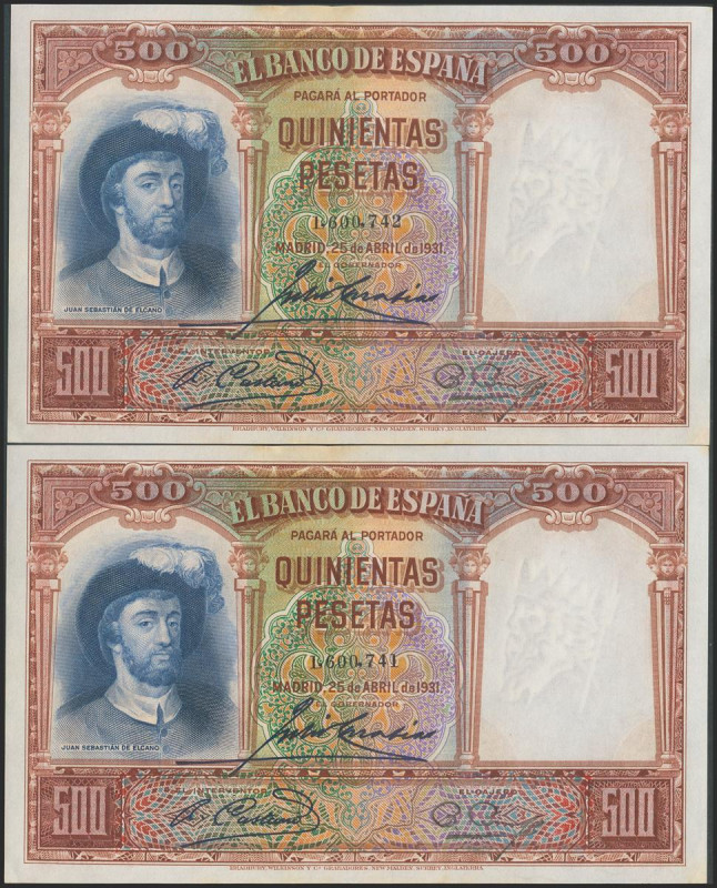 500 Pesetas. 25 de Abril de 1931. Pareja correlativa. Sin serie. (Edifil 2017: 3...