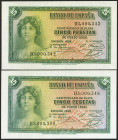 Conjunto de 2 billetes de 5 Pesetas Certificado de Plata emitidos en 1935 con la serie D (Edifil 2021: 363a), conservando todo su apresto original. SC...