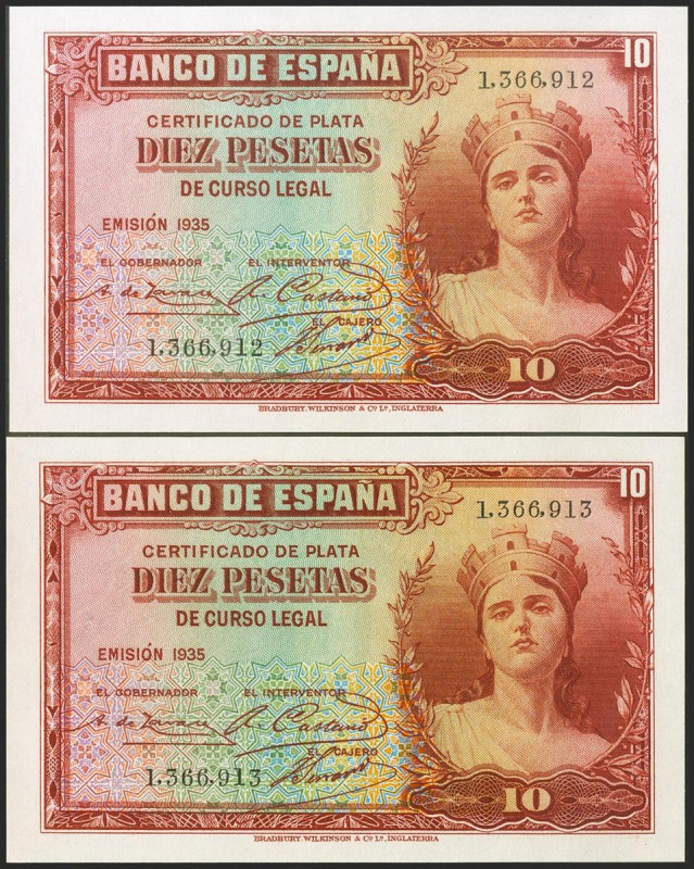 Conjunto de 2 billetes de 10 Pesetas Certificado de Plata emitidos en 1935 y sin...