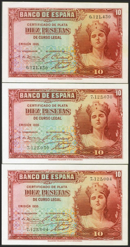 Conjunto de 3 billetes de 10 Pesetas Certificado de Plata emitidos en 1935 todos...