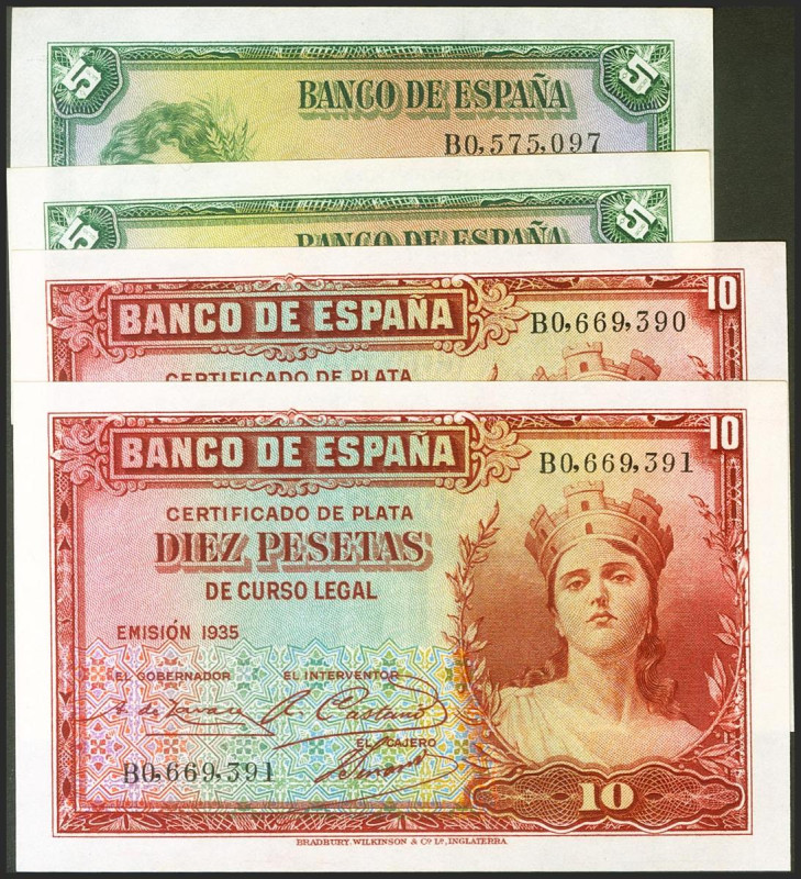 5 Pesetas y 10 Pesetas. 1935. Parejas correlativas. Certificado de Plata. Series...
