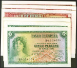 Conjunto de 10 billetes correlativos de 5 Pesetas y 10 Pesetas. Certificado de Plata, emitidos en 1935 y ambos con las series B (Edifil 2021: 2021: 36...