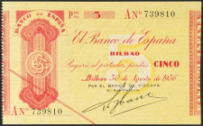 5 Pesetas. 30 de Agosto de 1936. Sucursal de Bilbao, antefirma del Banco de Vizcaya. Serie A. (Edifil 2021: 368Aa). Inusual, ligerísima ondulación que...