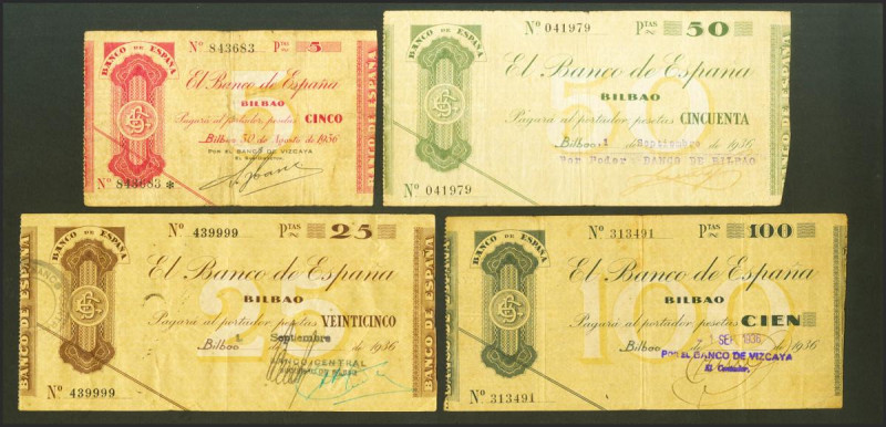 Serie completa de 4 billetes de 5 Pesetas, 25 Pesetas, 50 Pesetas y 100 Pesetas,...