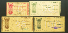 Serie completa de 4 billetes de 5 Pesetas, 25 Pesetas, 50 Pesetas y 100 Pesetas, sin incluir el 5 Pesetas con la serie A, emitidos a partir del 30 de ...