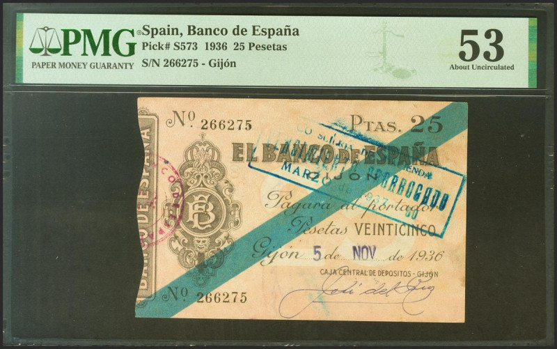 25 Pesetas. 5 de Noviembre de 1936. Sucursal de Gijón. Sin serie. (Edifil 2021: ...