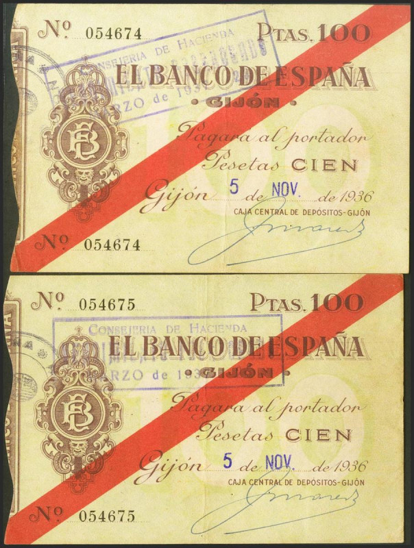 100 Pesetas. 5 de Noviembre de 1936. Sucursal de Gijón. Pareja correlativa. Sin ...