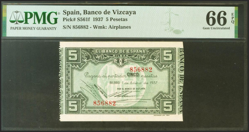 5 Pesetas. 1 de Enero de 1937. Sucursal de Bilbao, antefirma del Banco de Vizcay...