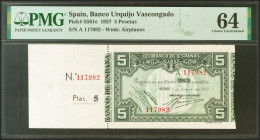 5 Pesetas. 1 de Enero de 1937. Serie A y antefirma Banco Urquijo Vascongado, matriz a la izquierda. (Edifil 2021: 386f, Pick: S561e). SC. Encapsulado ...