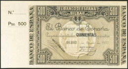 500 Pesetas. 1 de Enero de 1937. Sucursal de Bilbao, antefirma Banco de Bilbao. No emitido, sin serie y sin numeración, con una matriz. (Edifil 2017: ...