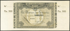 500 Pesetas. 1 de Enero de 1937. Sin serie y con dos matrices. Antefirma Banco Urquijo Vascongado. (Edifil 2021: NE26f). Presenta gran parte de su apr...