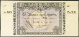 1000 Pesetas. 1 de Enero de 1937. Sucursal de Bilbao, antefirma Banco de Vizcaya. Sin serie y sin numeración, con ambas matrices. (Edifil 2021: NE27g)...