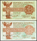 Conjunto de 2 billetes de 1 Peseta Ministerio de Hacienda emitido en 1937 con las series A y B, respectivamente (Edifil 2021: 392). Típicos puntitos y...