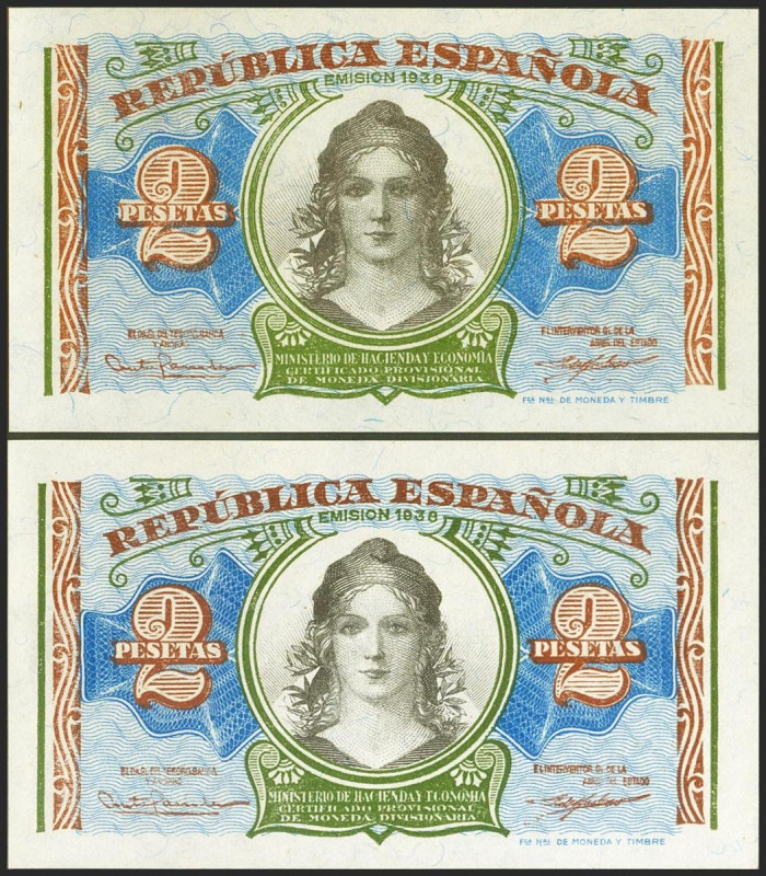 Conjunto de 2 billetes de 2 Pesetas Ministerio de Hacienda emitido en 1937 con l...