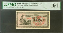 2 Pesetas. 1937. Asturias y León. Sin serie. (Edifil 2021: 398, Pick: S605). SC. Encapsulado PMG64.