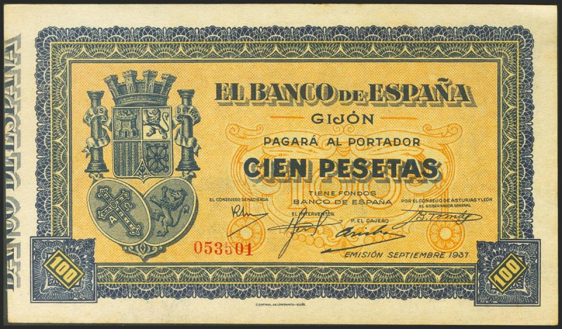 100 Pesetas. Septiembre 1937. Asturias y León. Sin serie. (Edifil 2021: 399). Ap...