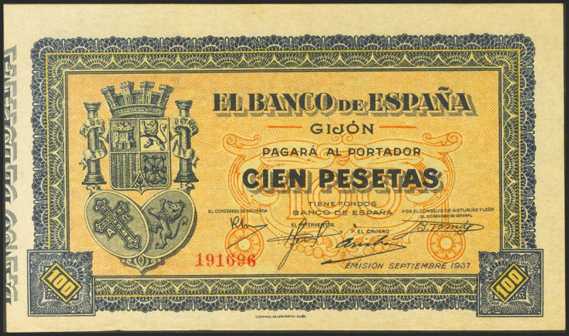 100 Pesetas. Septiembre 1937. Asturias y León. Sin serie. (Edifil 2021: 399). Ap...