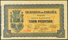 100 Pesetas. Septiembre 1937. Asturias y León. Sin serie. (Edifil 2021: 399). Apresto original. EBC+.
