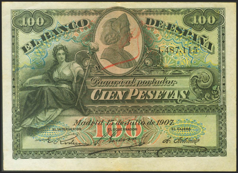 100 Pesetas. 15 de Julio de 1907. Sin serie y con doble sello en seco GOBIERNO P...