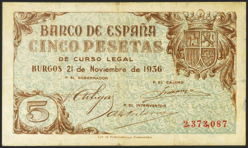 5 Pesetas. 21 de Noviembre de 1936. Sin serie. (Edifil 2021: 417). Inusual. MBC.