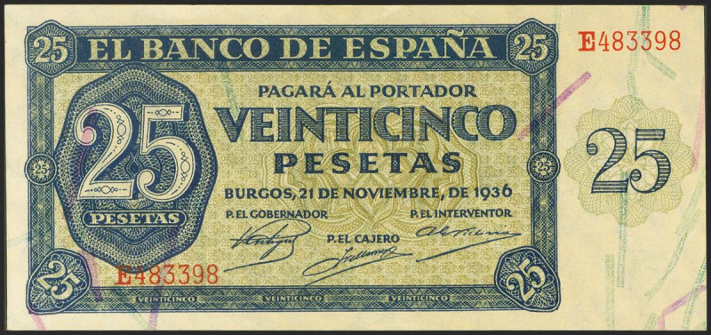 25 Pesetas. 21 de Noviembre de 1936. Serie E. (Edifil 2021: 419a). Conserva todo...