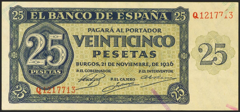 25 Pesetas. 21 de Noviembre de 1936. Serie Q. (Edifil 2021: 419a). Conserva todo...