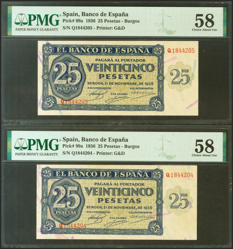 25 Pesetas. 21 de Noviembre de 1936. Pareja correlativa. Serie Q. (Edifil 2021: ...