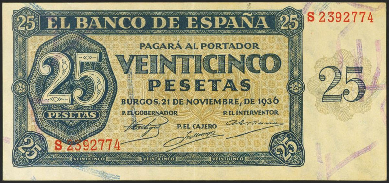 25 Pesetas. 21 de Noviembre de 1936. Serie S, última serie emitida. (Edifil 2021...
