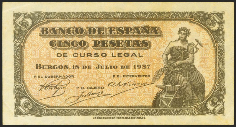 5 Pesetas. 18 de Julio de 1937. Serie B. (Edifil 2021: 424a). Conserva algo de s...