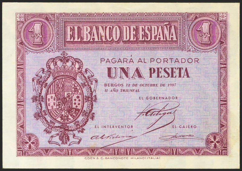 1 Peseta. 12 de Octubre de 1937. Serie F, última serie emitida. (Edifil 2021: 42...