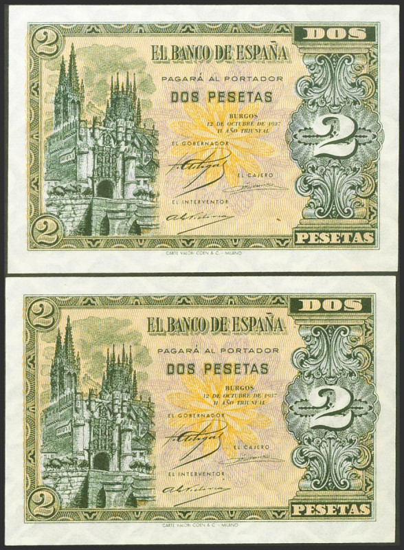 2 Pesetas. 12 de Octubre de 1937. Pareja correlativa. Serie A. (Edifil 2017: 426...