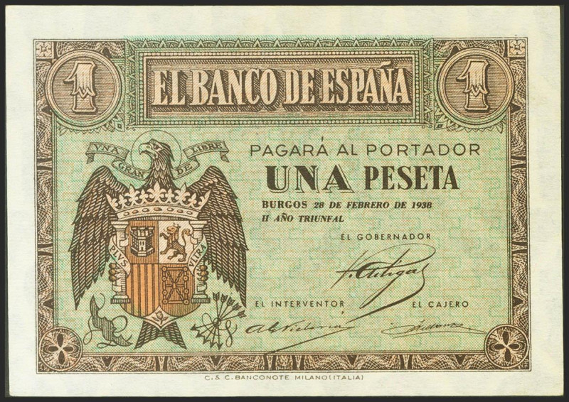 1 Peseta. 28 de Febrero de 1938. Serie F. (Edifil 2021: 427a). Apresto original....