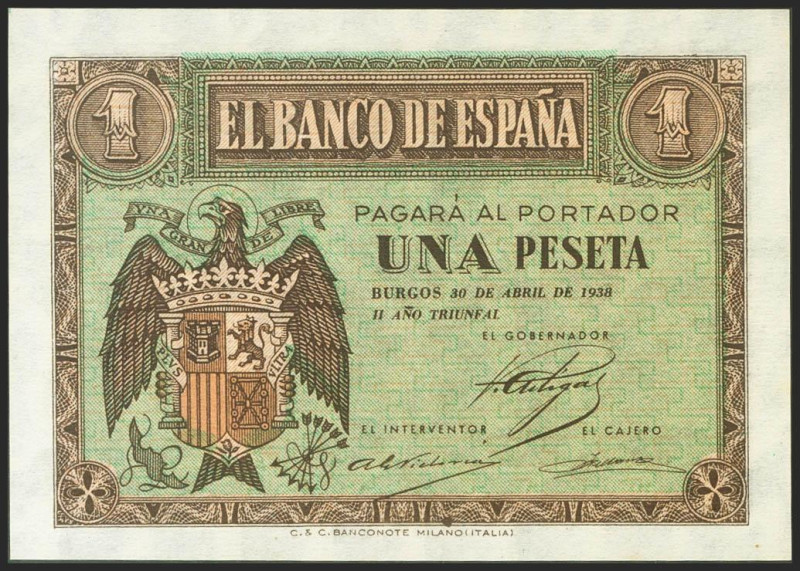 1 Peseta. 30 de Abril de 1938. Serie A. (Edifil 2021: 428). Apresto original. SC...