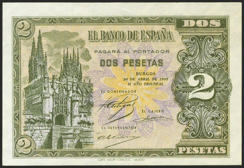 2 Pesetas. 30 de Abril de 1938. Serie L. (Edifil 2021: 429a). Apresto original. ...