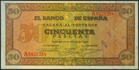 50 Pesetas. 20 de Mayo de 1938. Serie A. (Edifil 2021: 431). Conserva parte de su apresto original. EBC.