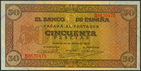 50 Pesetas. 20 de Mayo de 1938. Serie B. (Edifil 2021: 431a). Conserva parte del apresto original. EBC+.